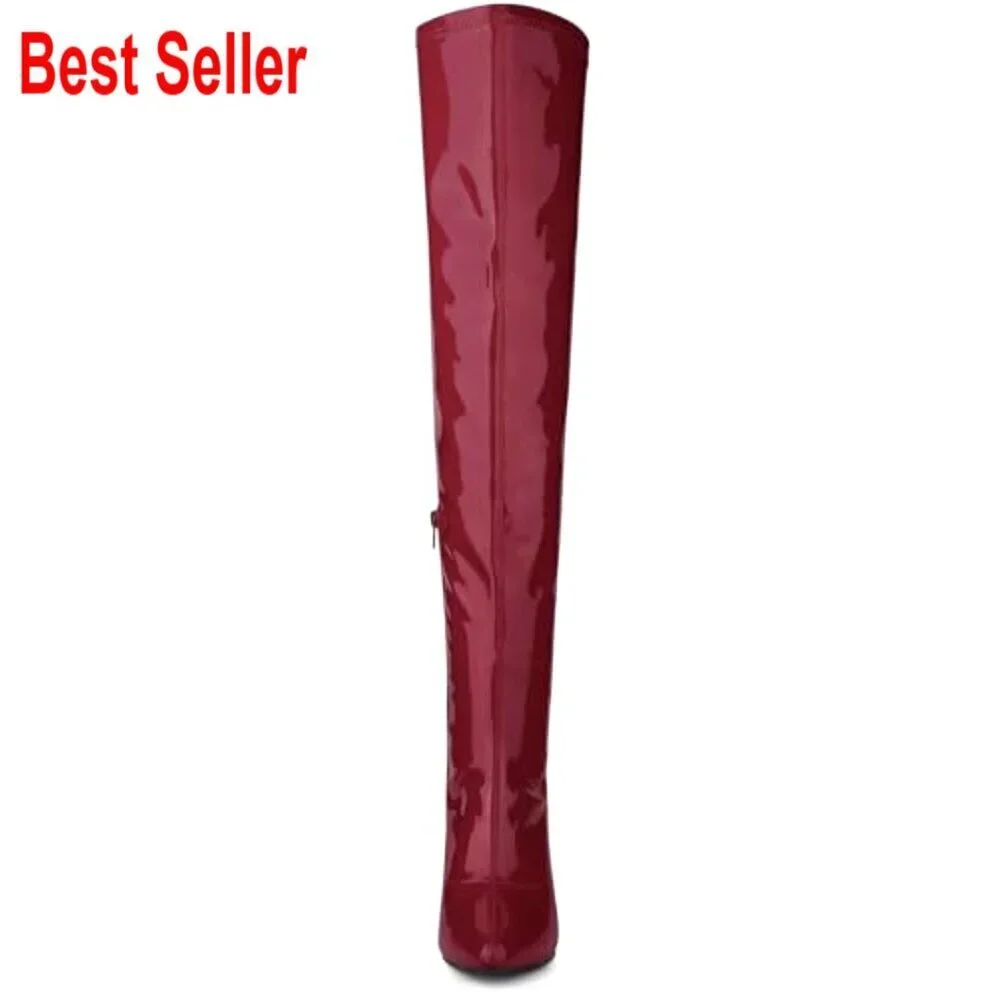 Patent Leather Over The Knee Boots with Stiletto Heels and Pointed Toe